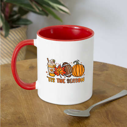 Tis The Season Coffee Mug (Fall/Autumn, Pumpkins & Football) - white/red