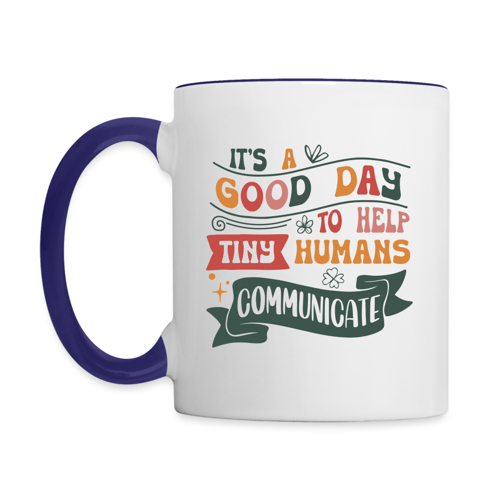 Speech Language Therapy Coffee Mug (Help Tiny Humans Communicate) - white/cobalt blue