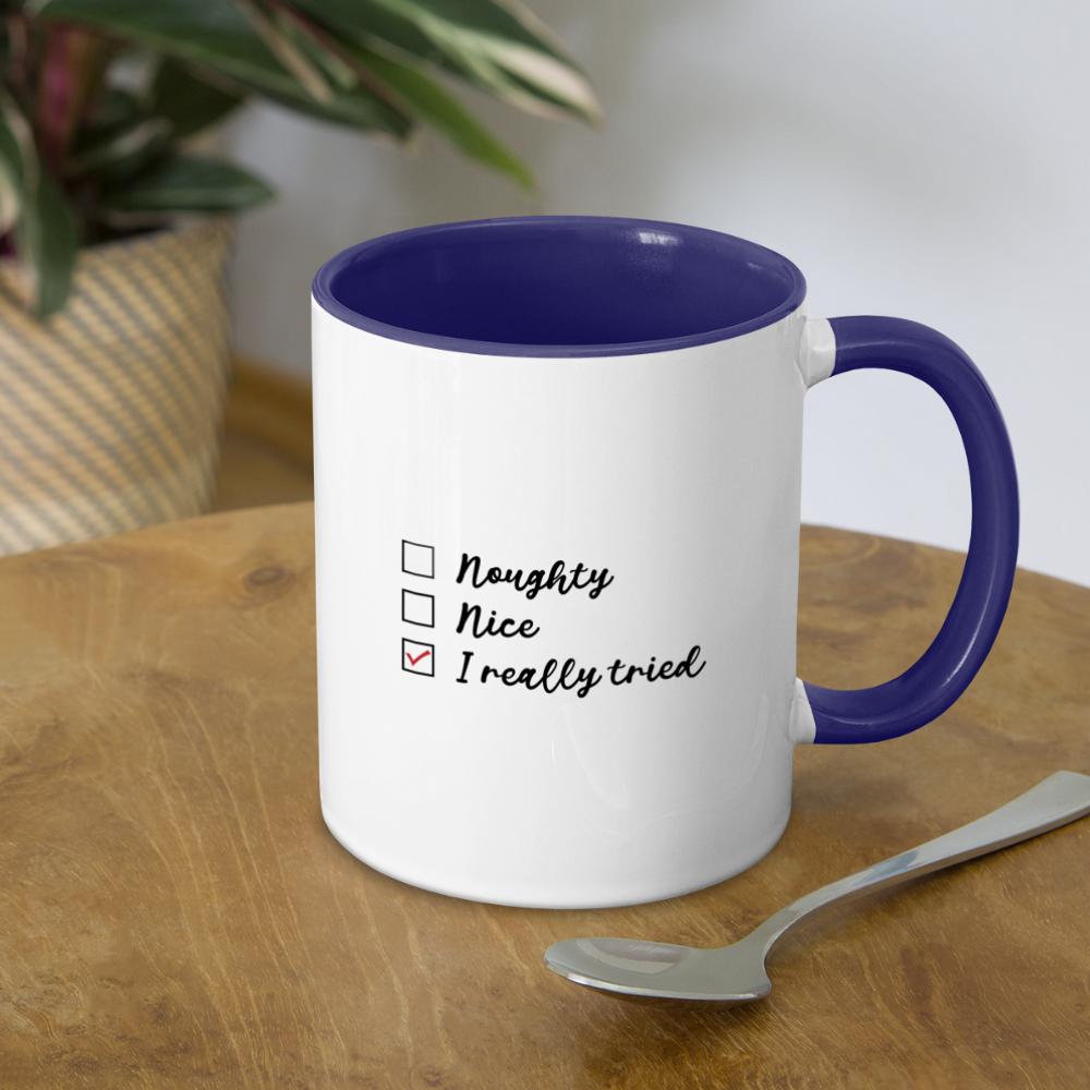 Naught Nice I Really Tried Coffee Mug (Christmas) - white/cobalt blue