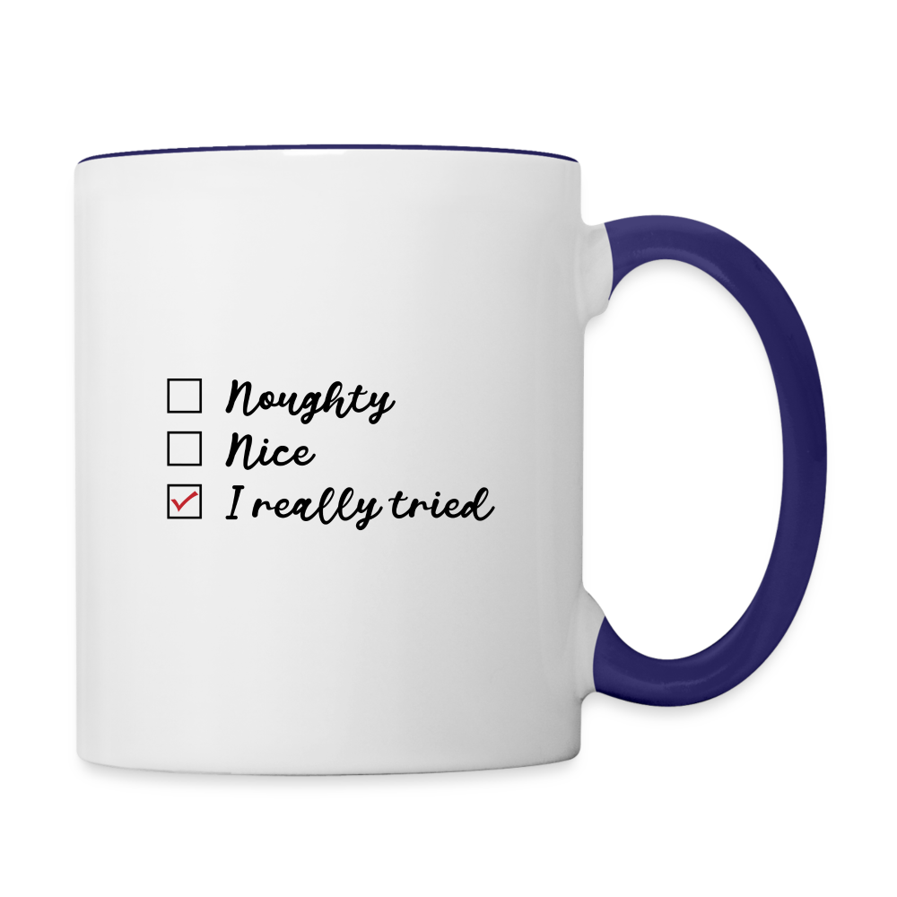 Naught Nice I Really Tried Coffee Mug (Christmas) - white/cobalt blue