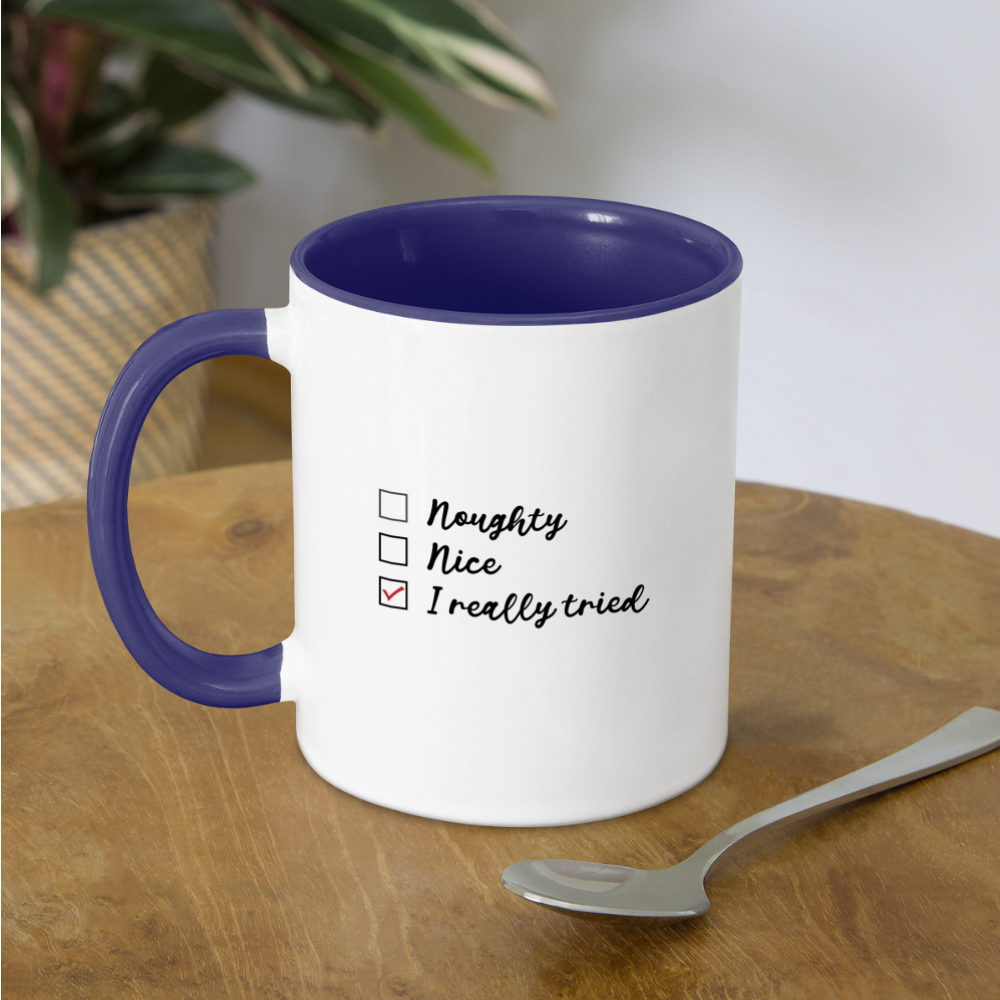 Naught Nice I Really Tried Coffee Mug (Christmas) - white/cobalt blue