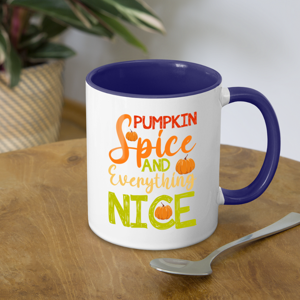Pumpkin Spice and Everything Nice Coffee Mug - white/cobalt blue