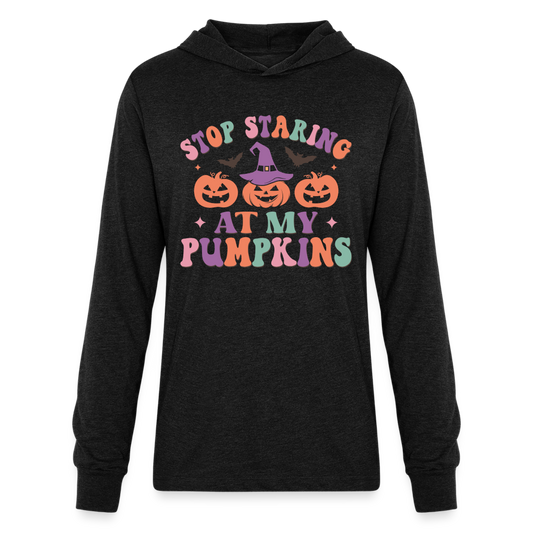 Stop Staring At My Pumpkins Long Sleeve Hoodie Shirt - heather black
