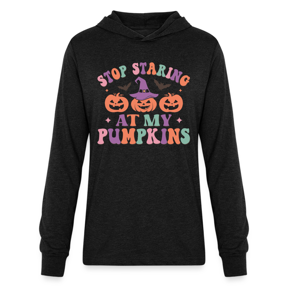 Stop Staring At My Pumpkins Long Sleeve Hoodie Shirt - heather black