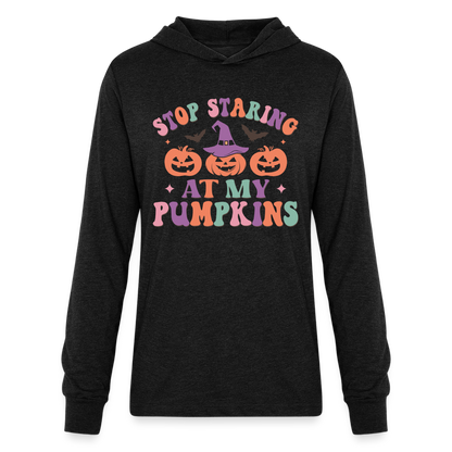 Stop Staring At My Pumpkins Long Sleeve Hoodie Shirt - heather black