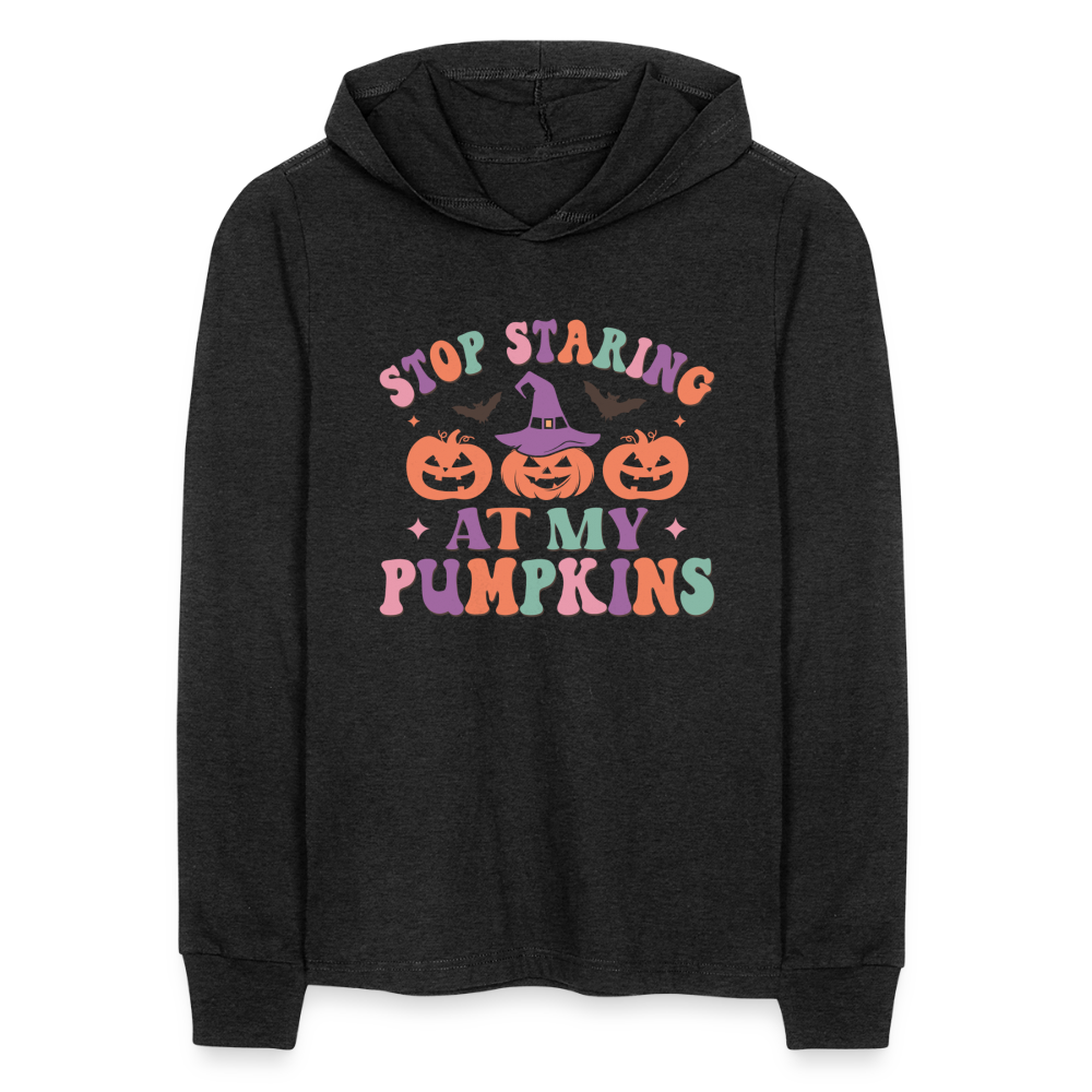 Stop Staring At My Pumpkins Long Sleeve Hoodie Shirt - heather black