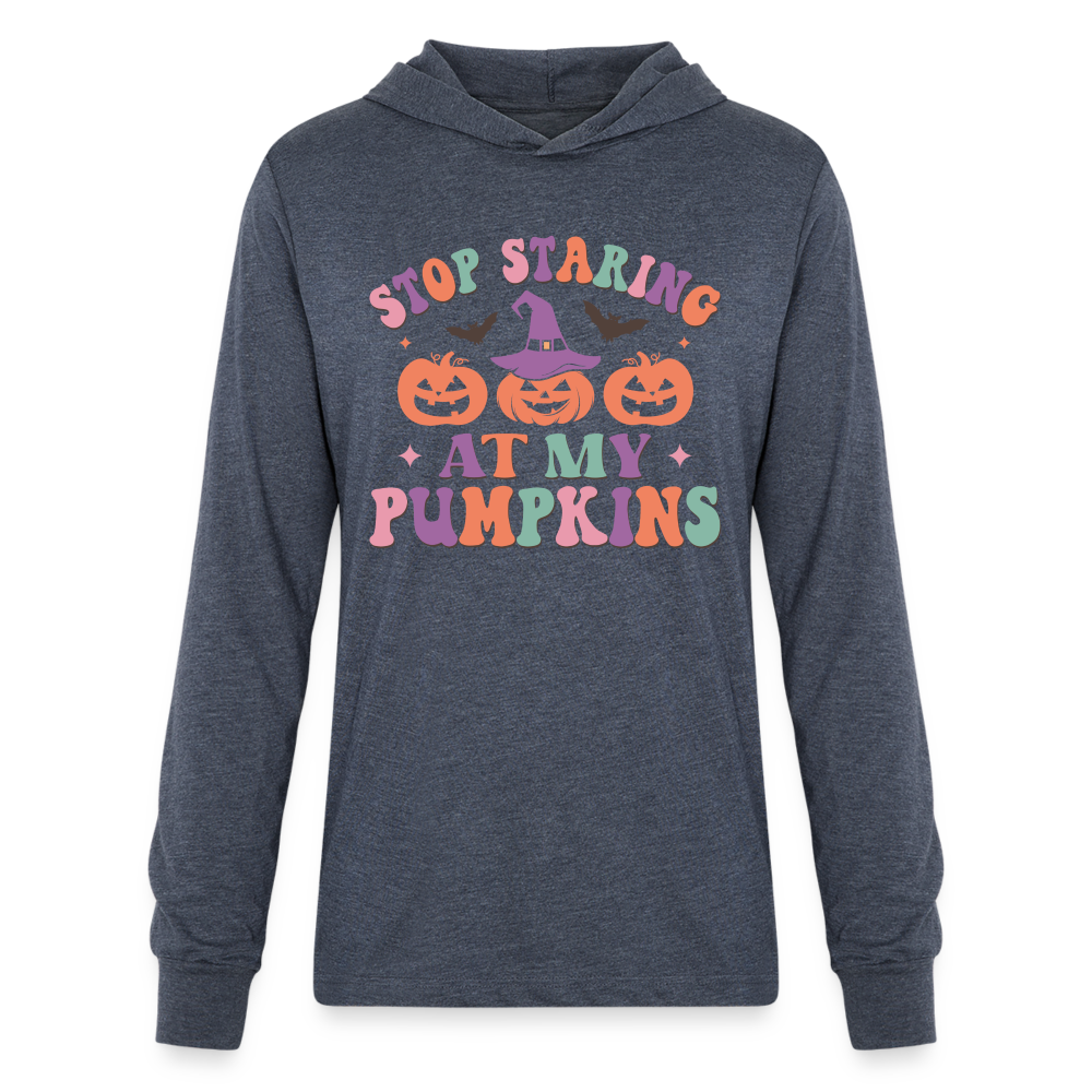 Stop Staring At My Pumpkins Long Sleeve Hoodie Shirt - heather navy