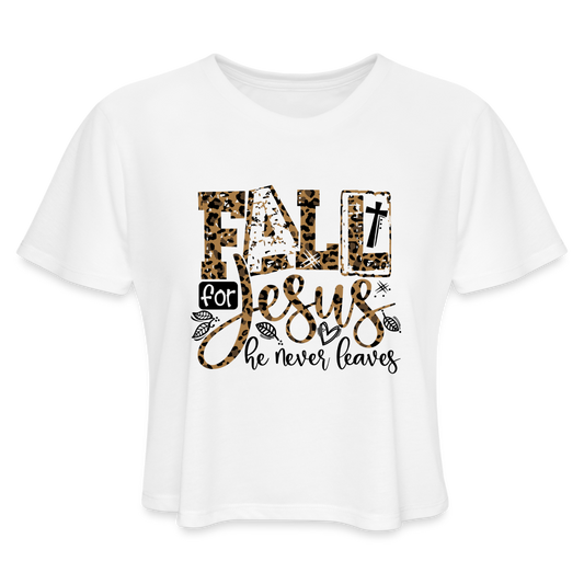 Fall for Jesus he Never Leaves Women's Cropped T-Shirt - white