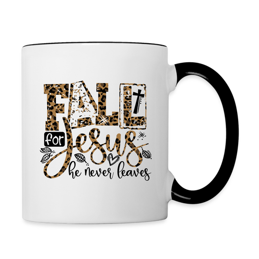 Fall for Jesus He Never Leaves Coffee Mug - white/black