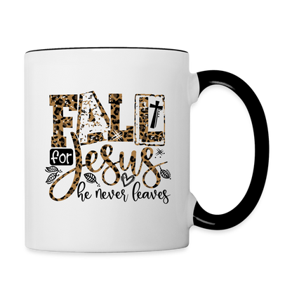 Fall for Jesus He Never Leaves Coffee Mug - white/black