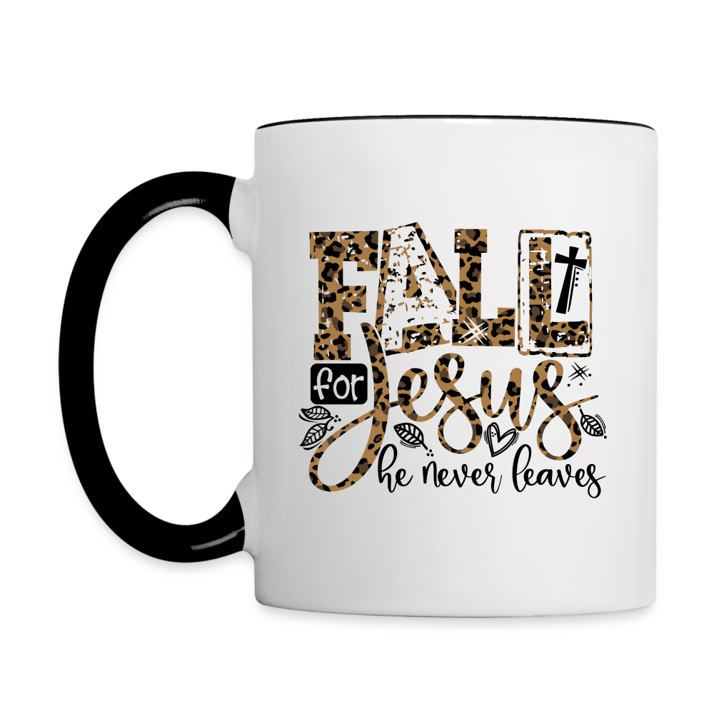 Fall for Jesus He Never Leaves Coffee Mug - white/black