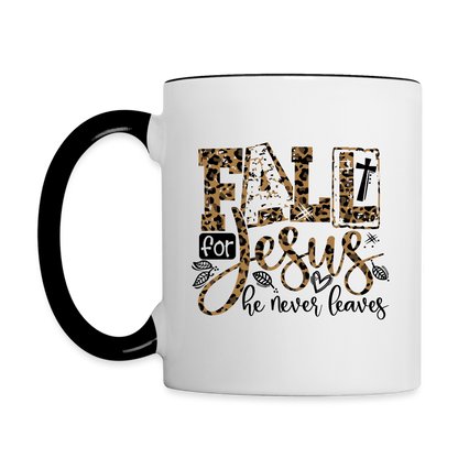 Fall for Jesus He Never Leaves Coffee Mug - white/black