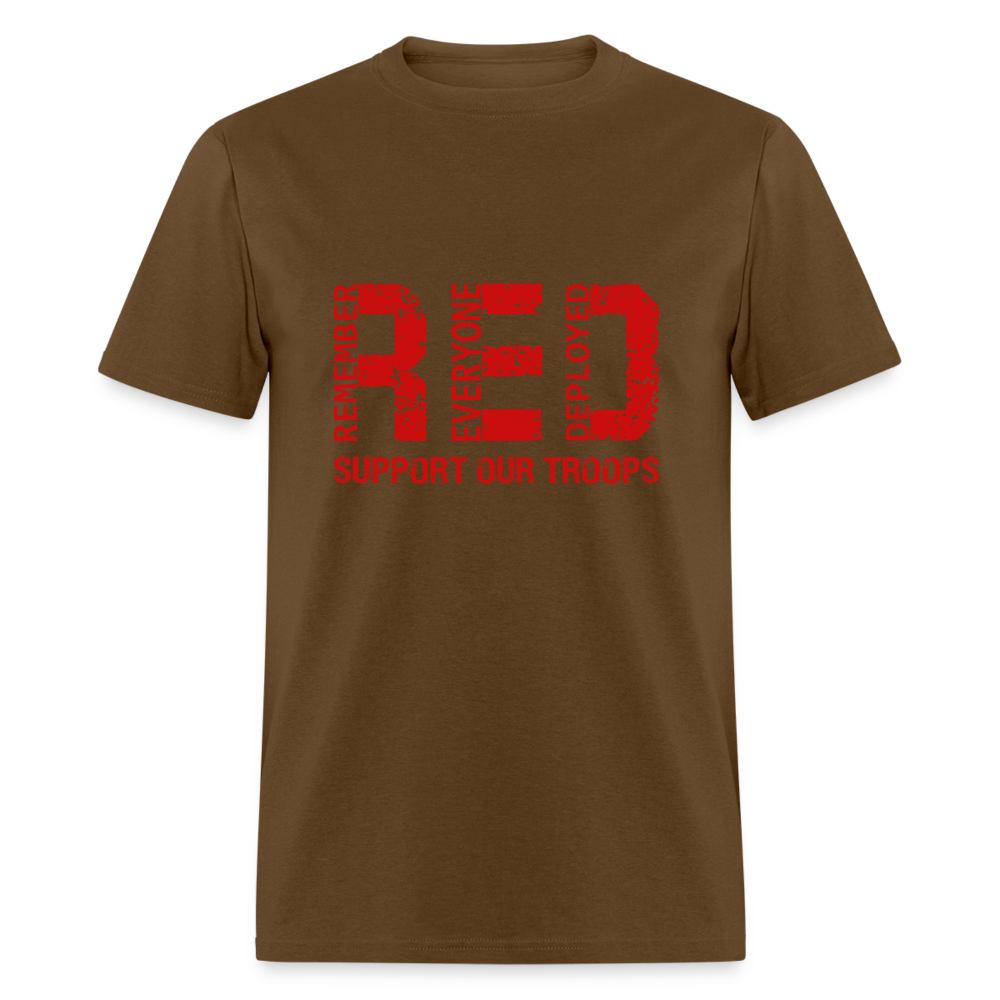 RED Remember Everyone Deployed T-Shirt (Support Our Troops) - brown