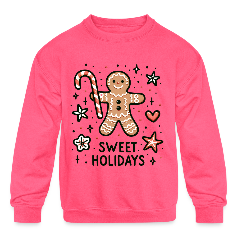 Gingerbread Man Says Sweet Holidays Kids Sweatshirt - neon pink
