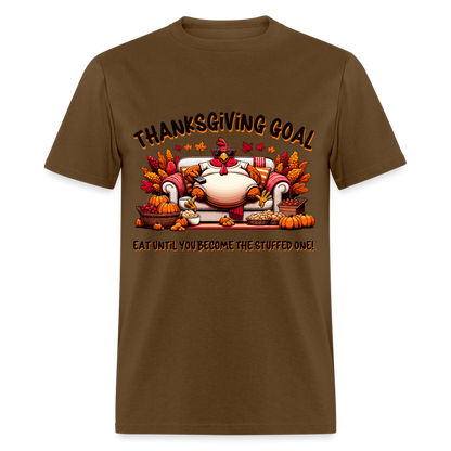 Thanksgiving Goal Stuff Turkey on Couch T-Shirt - brown