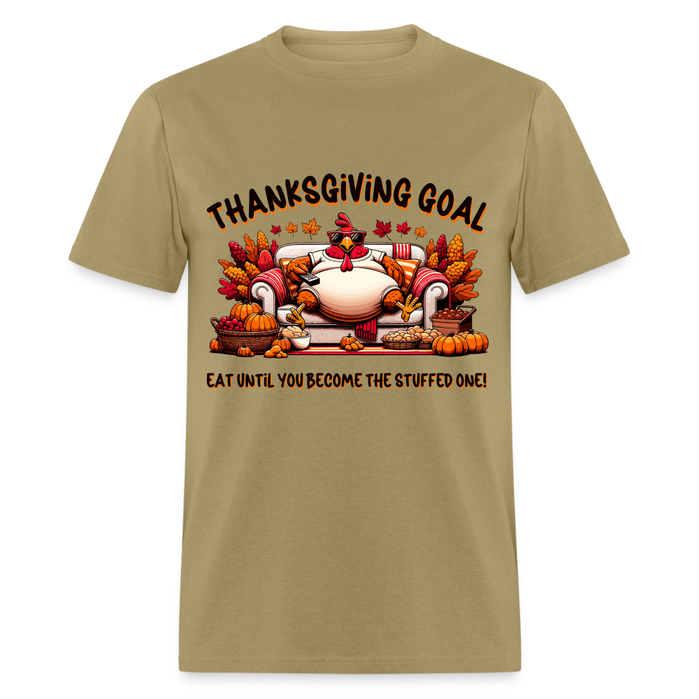Thanksgiving Goal Stuff Turkey on Couch T-Shirt - khaki
