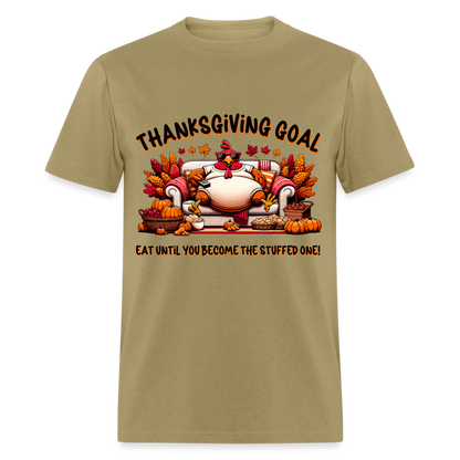 Thanksgiving Goal Stuff Turkey on Couch T-Shirt - khaki