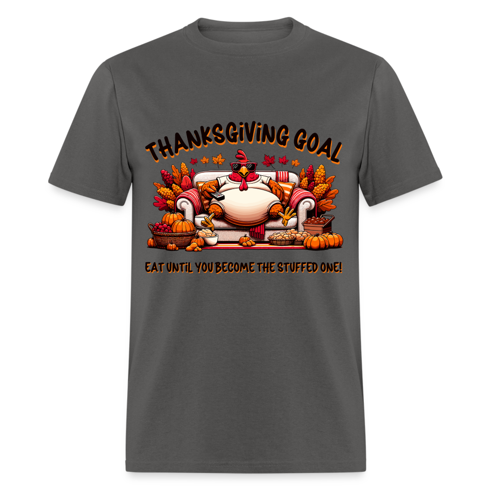 Thanksgiving Goal Stuff Turkey on Couch T-Shirt - charcoal