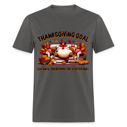 Thanksgiving Goal Stuff Turkey on Couch T-Shirt - charcoal