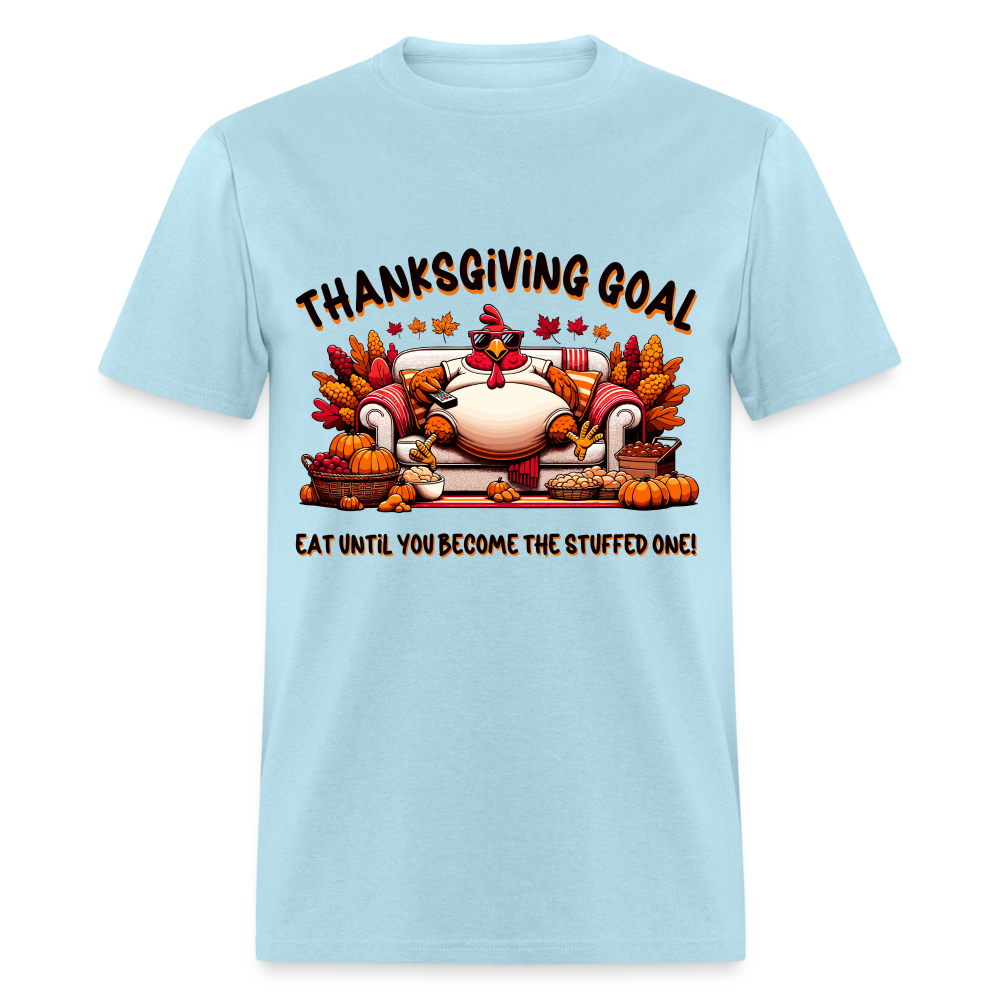 Thanksgiving Goal Stuff Turkey on Couch T-Shirt - powder blue