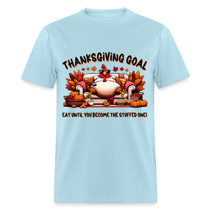 Thanksgiving Goal Stuff Turkey on Couch T-Shirt - powder blue