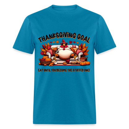 Thanksgiving Goal Stuff Turkey on Couch T-Shirt - turquoise