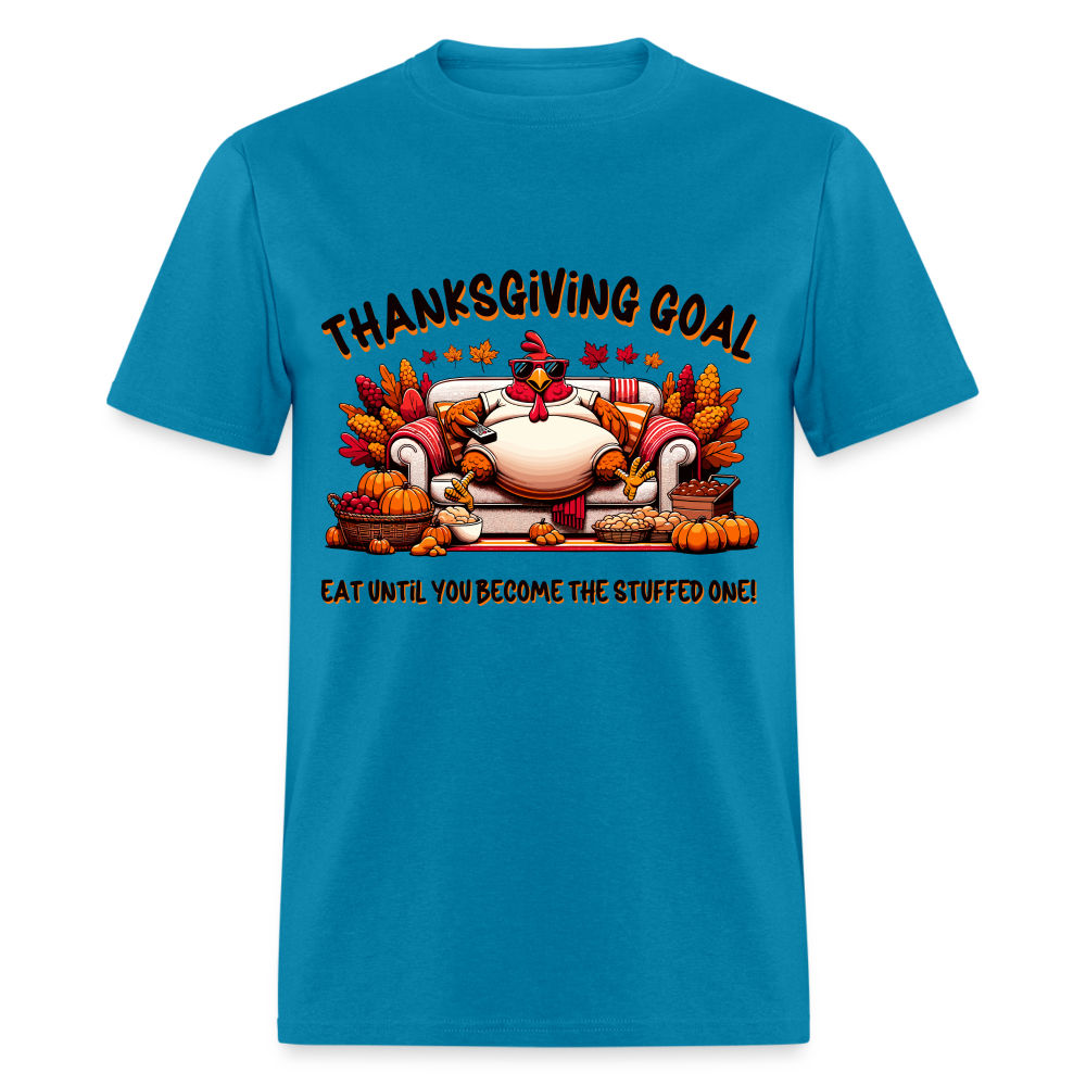 Thanksgiving Goal Stuff Turkey on Couch T-Shirt - turquoise