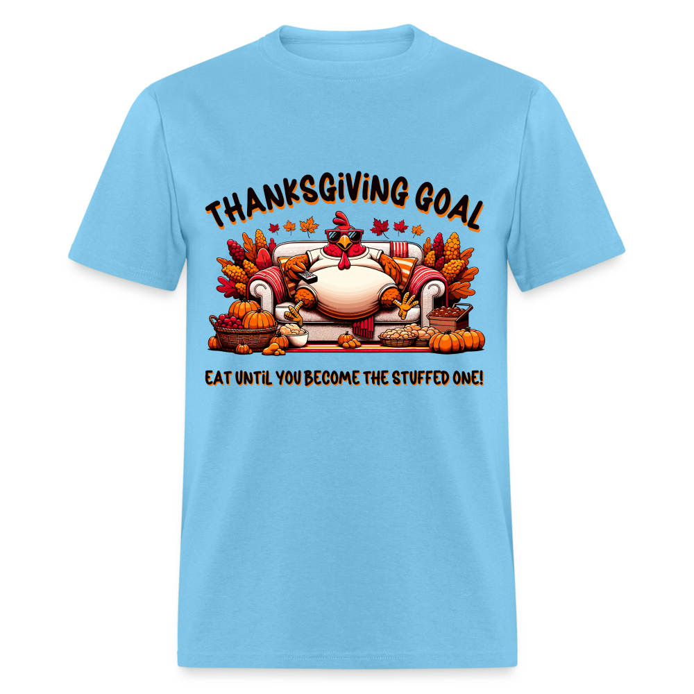 Thanksgiving Goal Stuff Turkey on Couch T-Shirt - aquatic blue