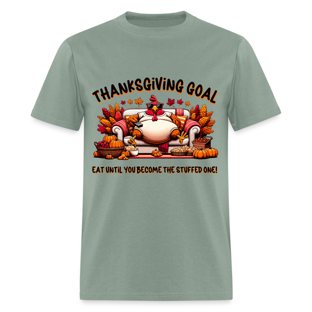 Thanksgiving Goal Stuff Turkey on Couch T-Shirt - sage