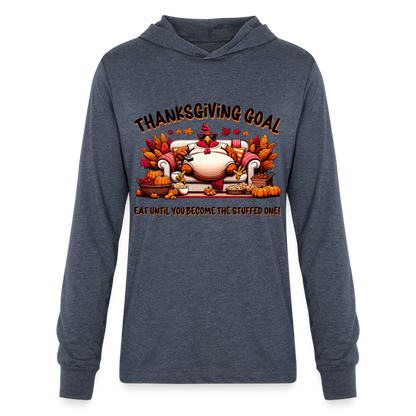 Thanksgiving Goal Stuff Turkey on Couch Hoodie Shirt - heather navy