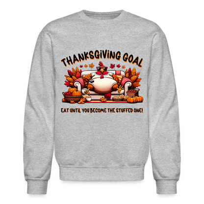 Thanksgiving Goal Stuff Turkey on Couch Sweatshirt - heather gray
