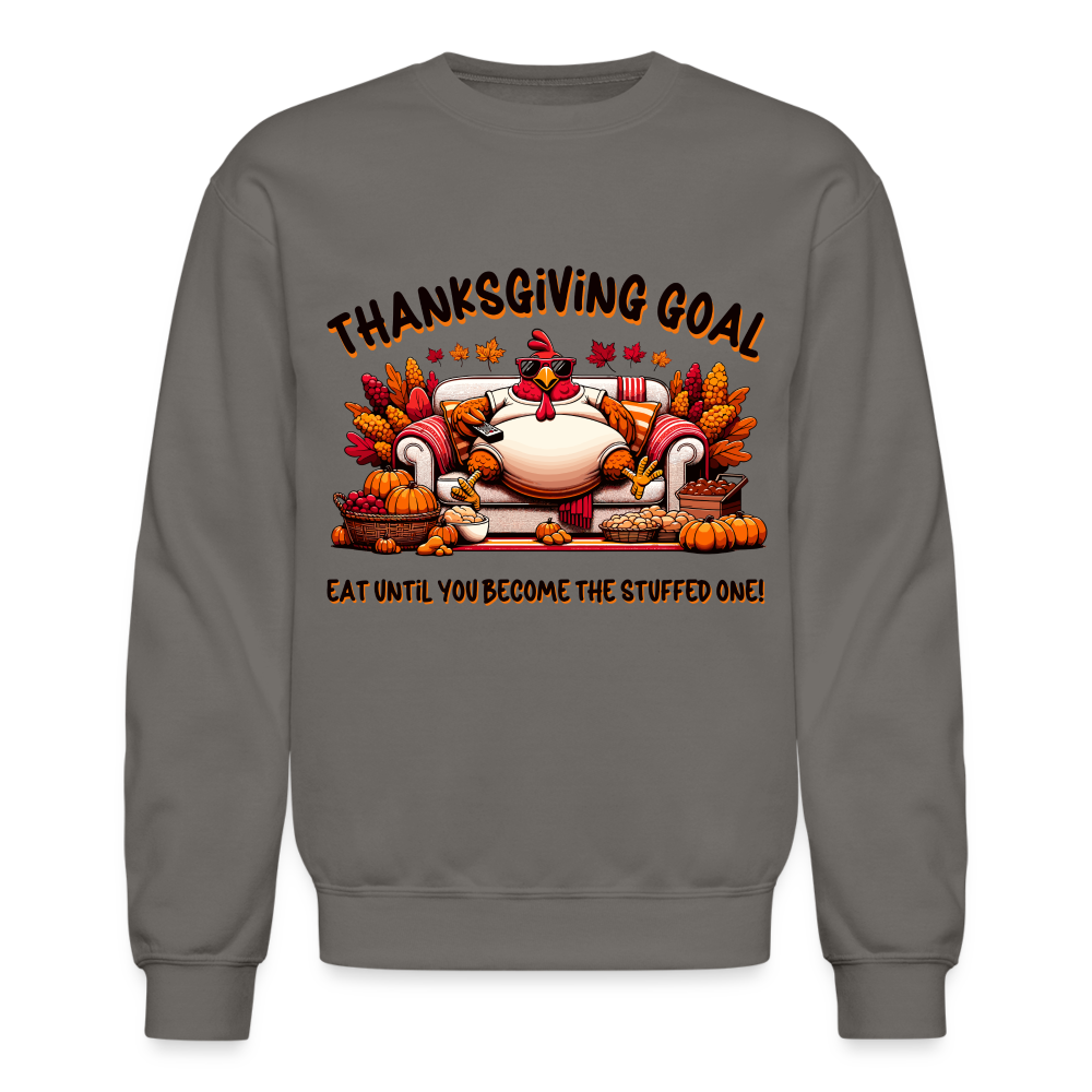Thanksgiving Goal Stuff Turkey on Couch Sweatshirt - asphalt gray