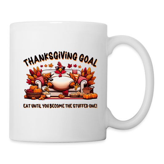 Thanksgiving Goal Stuff Turkey on Couch Mug - white