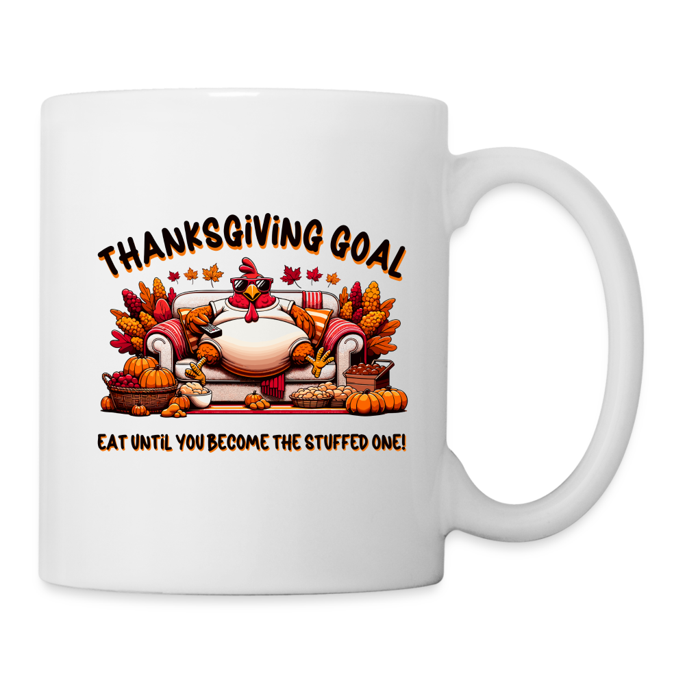 Thanksgiving Goal Stuff Turkey on Couch Mug - white