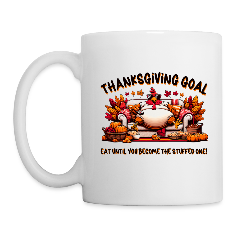 Thanksgiving Goal Stuff Turkey on Couch Mug - white