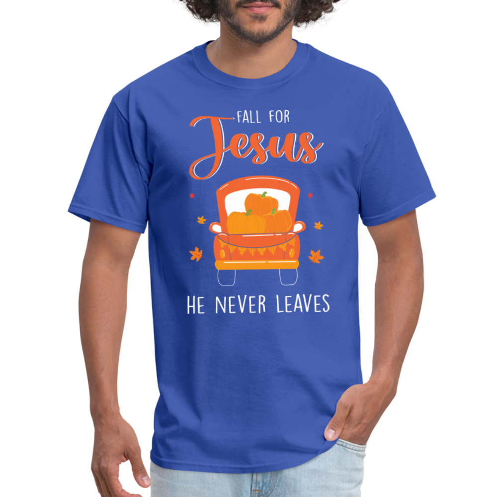 Fall For Jesus He Never Leaves T-Shirt - royal blue