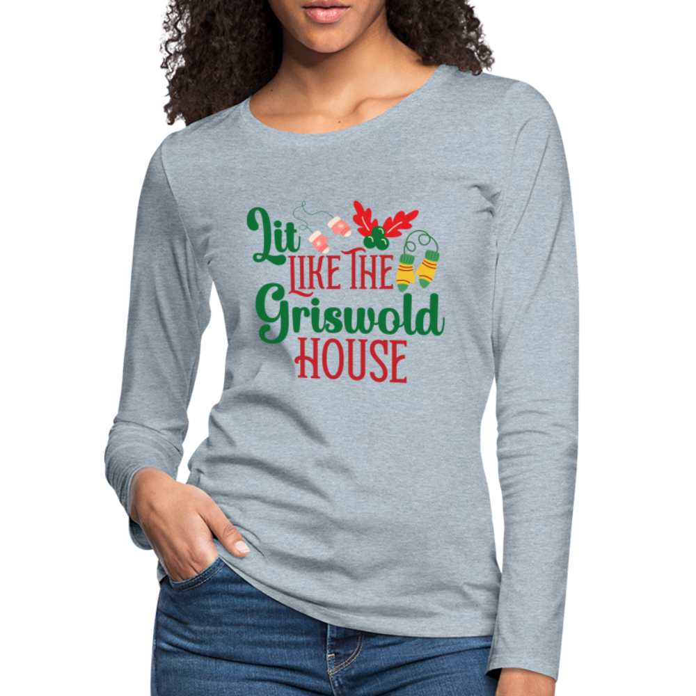 Lit Like The Griswold House Women's Premium Long Sleeve T-Shirt Color: heather ice blue