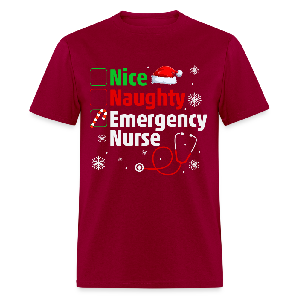 Nice, Naughty, Emergency Nurse - Christmas T-Shirt - dark red