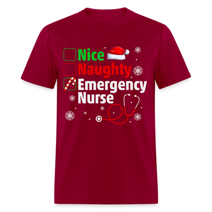 Nice, Naughty, Emergency Nurse - Christmas T-Shirt - dark red