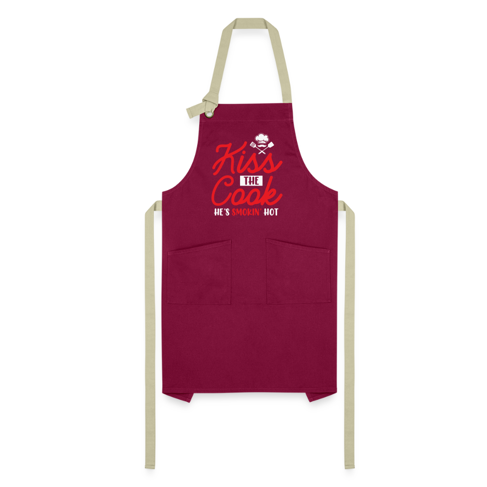 Kiss The Cook He's Smokin' Hot - Artisan Apron - burgundy/khaki