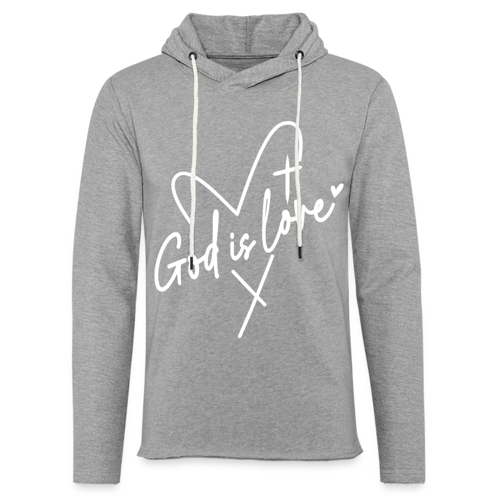 God is Love : Lightweight Terry Hoodie (White Letters) - heather gray