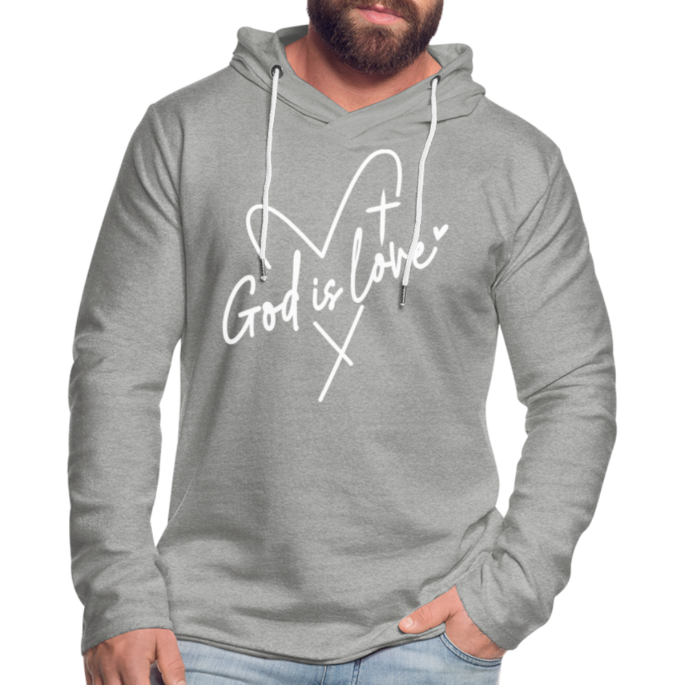 God is Love : Lightweight Terry Hoodie (White Letters) - heather gray