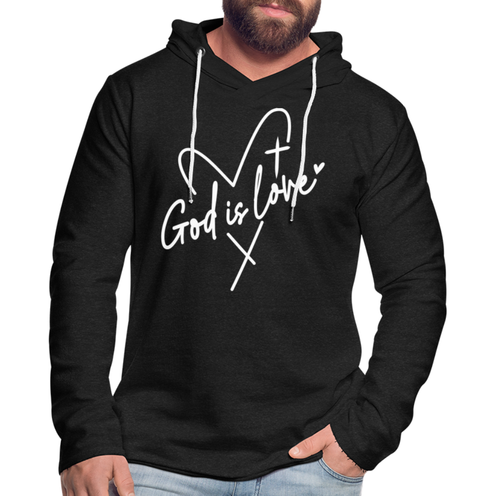 God is Love : Lightweight Terry Hoodie (White Letters) - charcoal grey