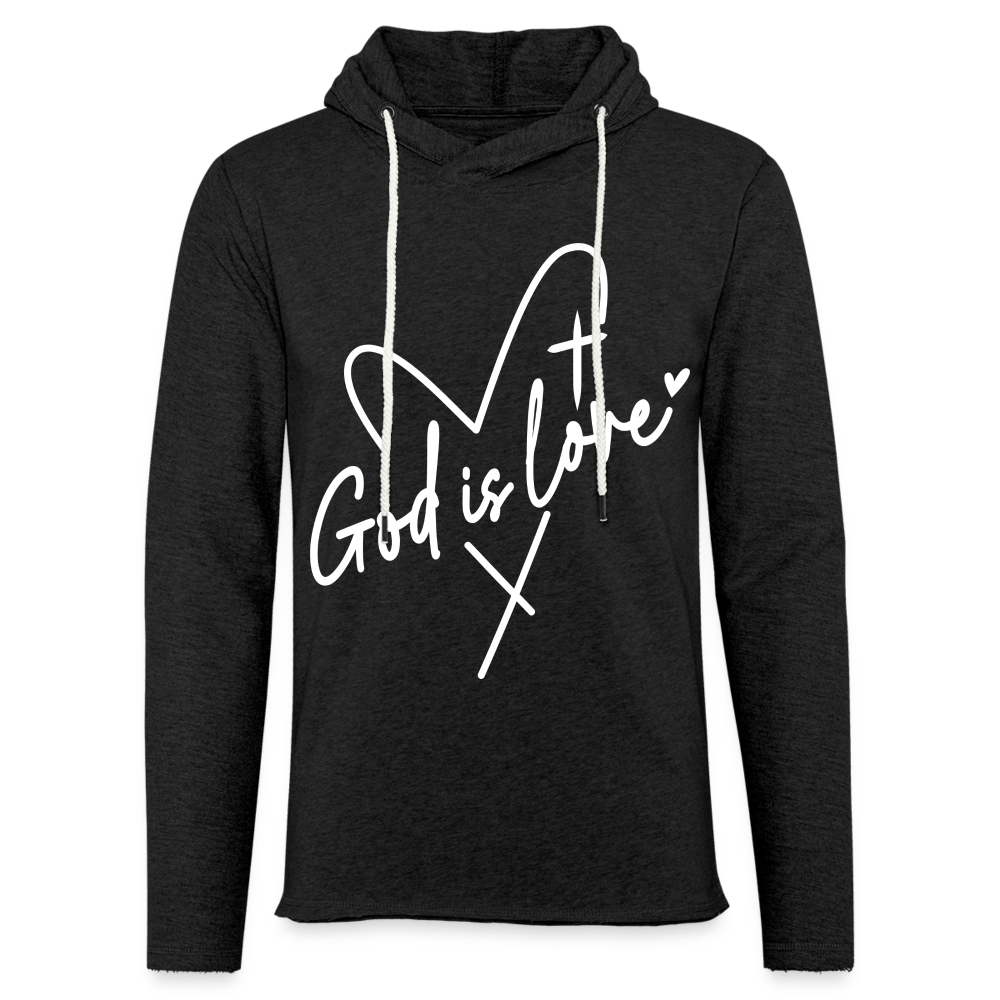 God is Love : Lightweight Terry Hoodie (White Letters) - charcoal grey