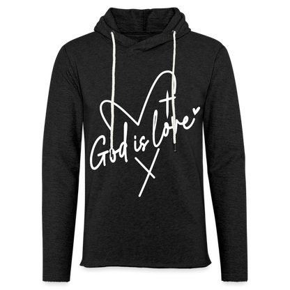 God is Love : Lightweight Terry Hoodie (White Letters) - charcoal grey