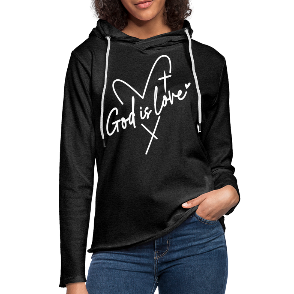 God is Love : Lightweight Terry Hoodie (White Letters) - charcoal grey
