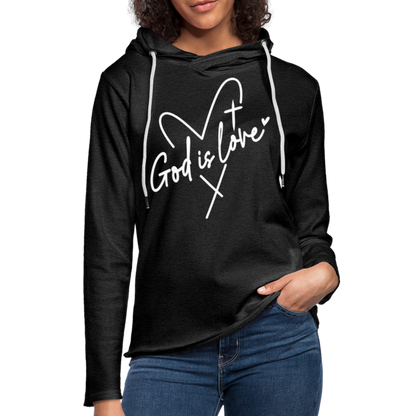 God is Love : Lightweight Terry Hoodie (White Letters) - charcoal grey