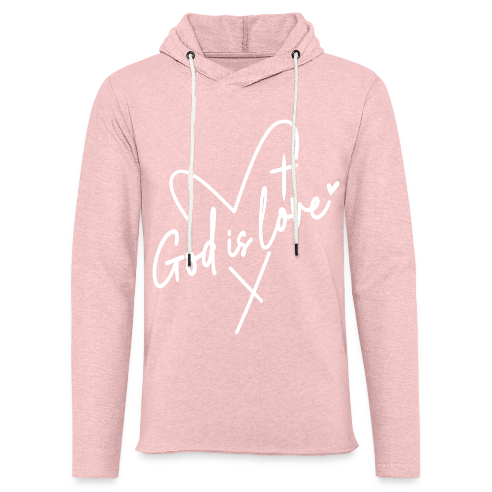 God is Love : Lightweight Terry Hoodie (White Letters) - cream heather pink