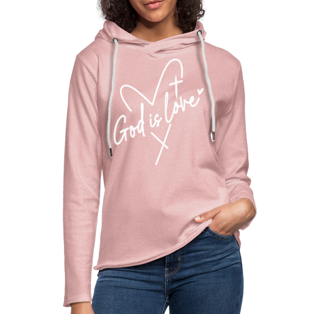 God is Love : Lightweight Terry Hoodie (White Letters) - cream heather pink