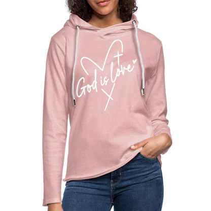 God is Love : Lightweight Terry Hoodie (White Letters) - cream heather pink